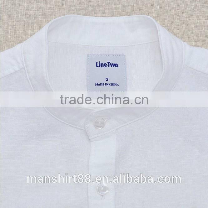 rolled sleeve mandarin collar hemp linen shirt for men