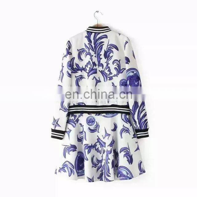 2015 Fashion dress autumn coat blue and white porcelain show thin two pieces dress ladies sportwear