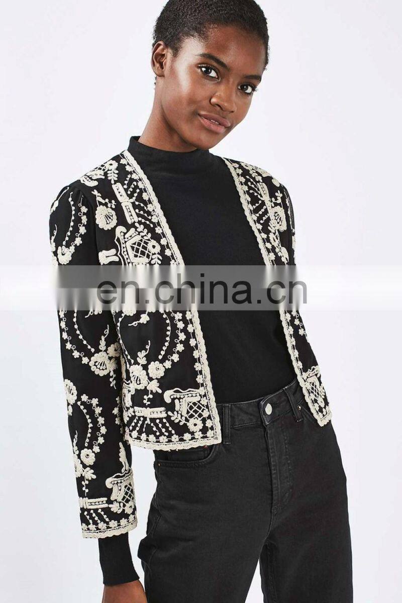 High fashion petite lace embroidered jacket black color ladies blazer designs