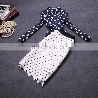 blue color heart shape print two piece over knee dress set