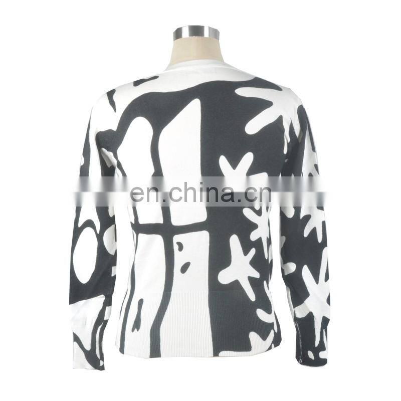 OEM Spring Black And White Pattern Print Fabric Winter Long Women Cardigan