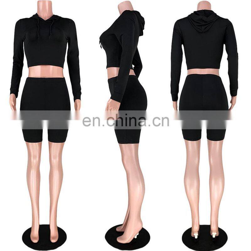 Manufacturer wholesale women's casual sexy hooded shorts sports fitness 2-piece suit custom hoodie crop top
