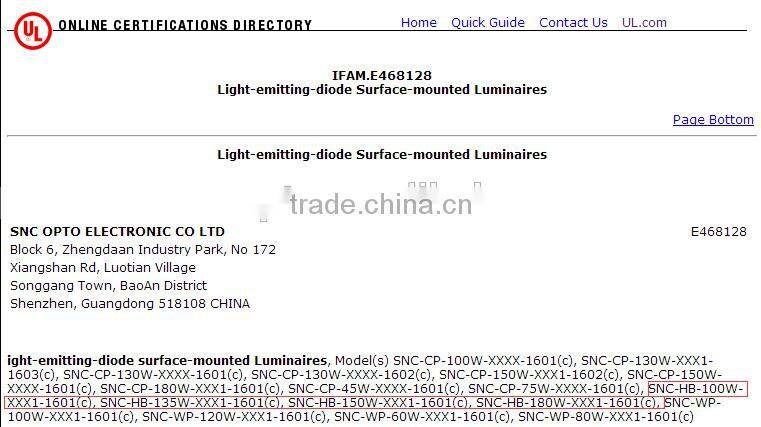 SNC New factory price high lumen UL CUL DLC approved UFO led high bay light 180W
