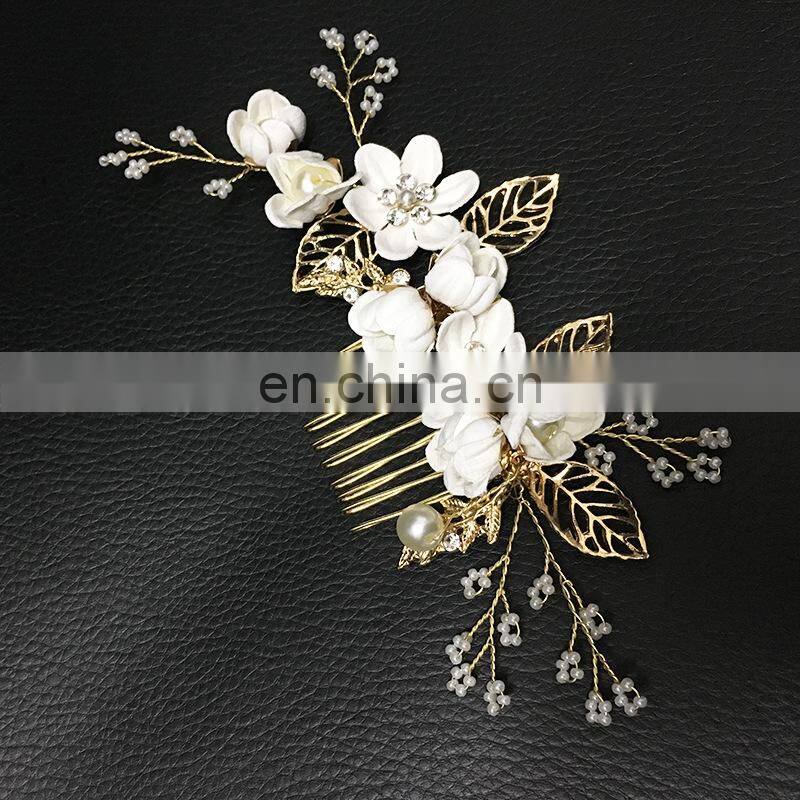 Luxury Blue Flower Hair Combs Headdress Prom Bridal Wedding Hair Accessories Gold Leaves Hair Jewelry