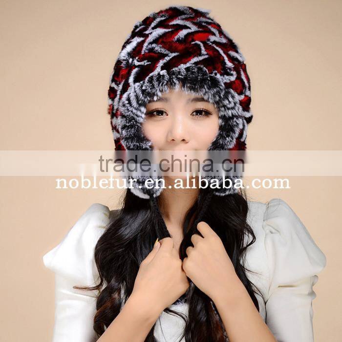 excellent quality colorful rabbit fur thread earflap hat with long string flower ball
