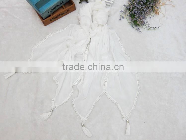 Fashion Latest Large Long Plain Cotton Linen Embroidery Lace Brim Tassel Scarf Shawl