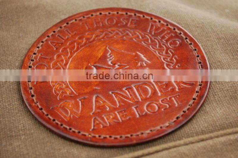 Custom debossed ,embossed round brown leather patch for jeans