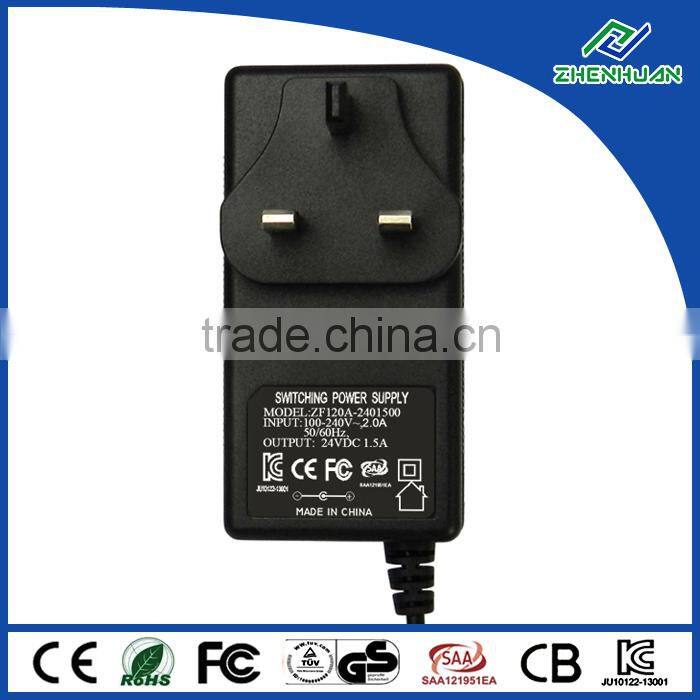 Power-tek adapter 24V 1.5A AC DC power adapter with CE KC SAA approval