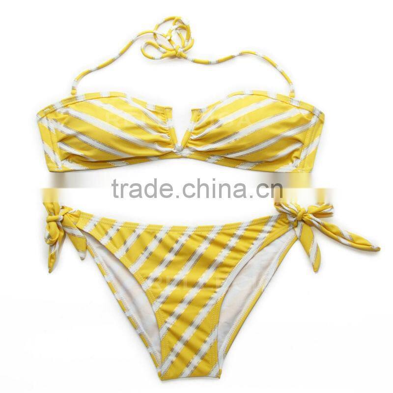 RELLECIGA Bandeau Bikini Swimsuit Series - Yellow Metallic Stripe Bandeau Top Sexy Bikini Set with Front "V"