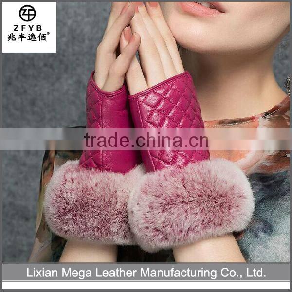 High quality cheap custom unlined rabbit fur purple color fingerless leather gloves