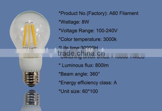 2w 4w 6w 8w A60 led filament lamp