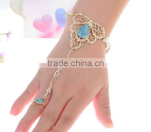 Womens Gold Slave Chain Finger Ring Bangle Hand Harness Bracelet Turquoise Beads