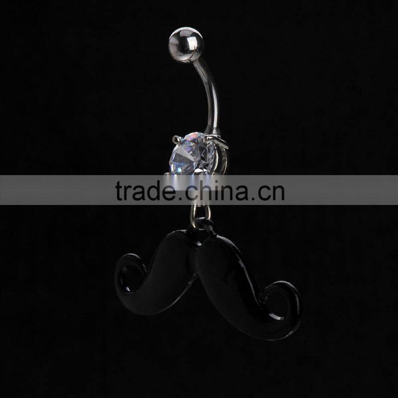 Black Plated Movember Moustache Zircon Inlay Dangle Belly Button Naval Ring.