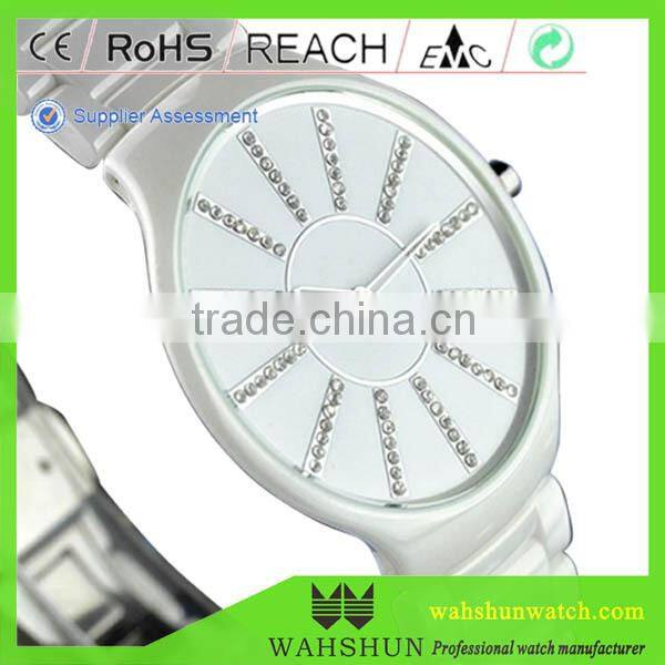 Fashion gift black white ceramic watch band man quartz waterproof,diamond ceramic wrist watch