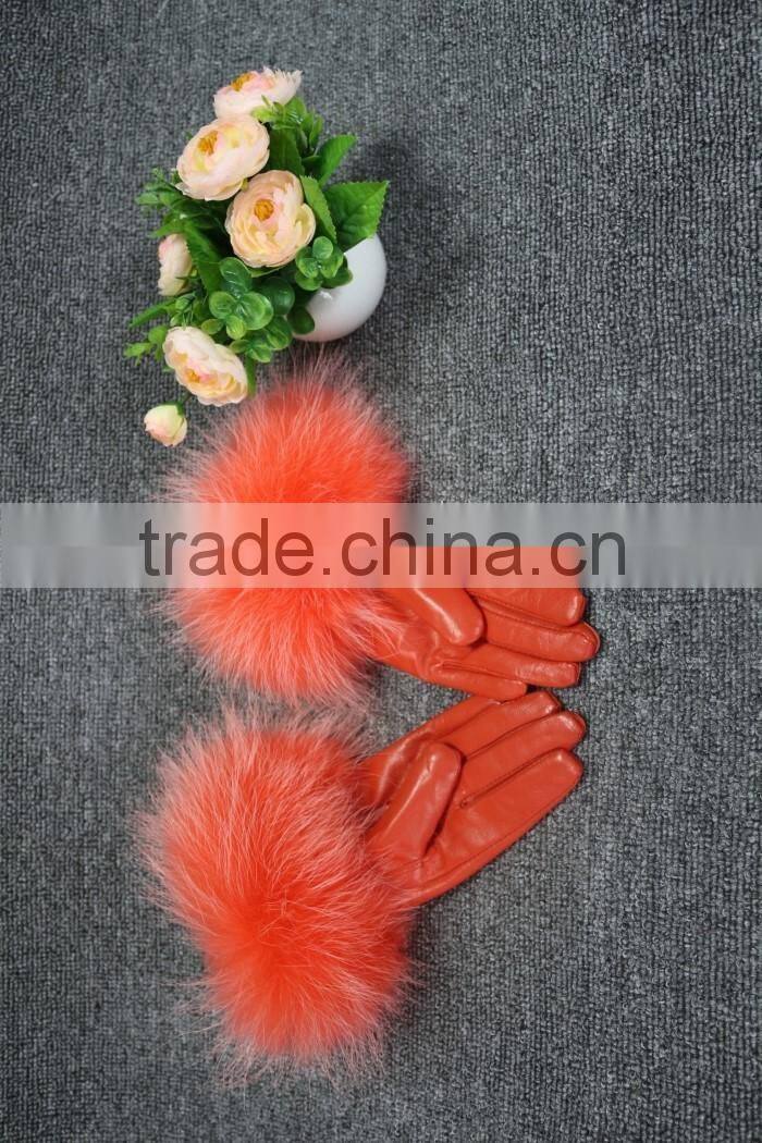 Fashion lady leather glove fur cuff glove fox leather glove hot sale