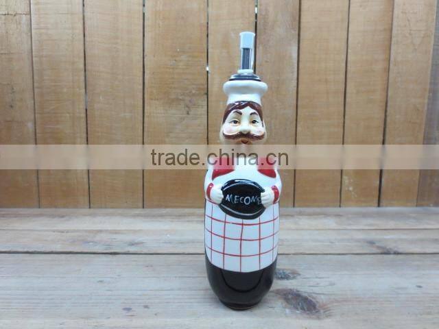 cute chef emboss ceramic salt and pepper shaker with wooden stand