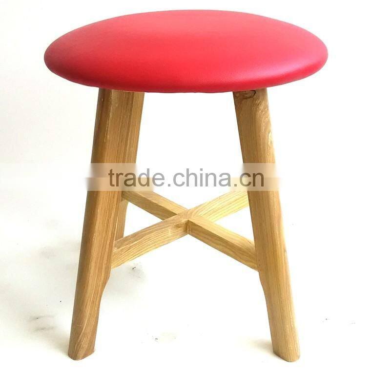 TDUK-03-2 QVB JIANDE TONGDA RED COLOR ASH WOOD FRAME NATURE PATING PU ROUND SEAT STOOL WOODEN STOOL