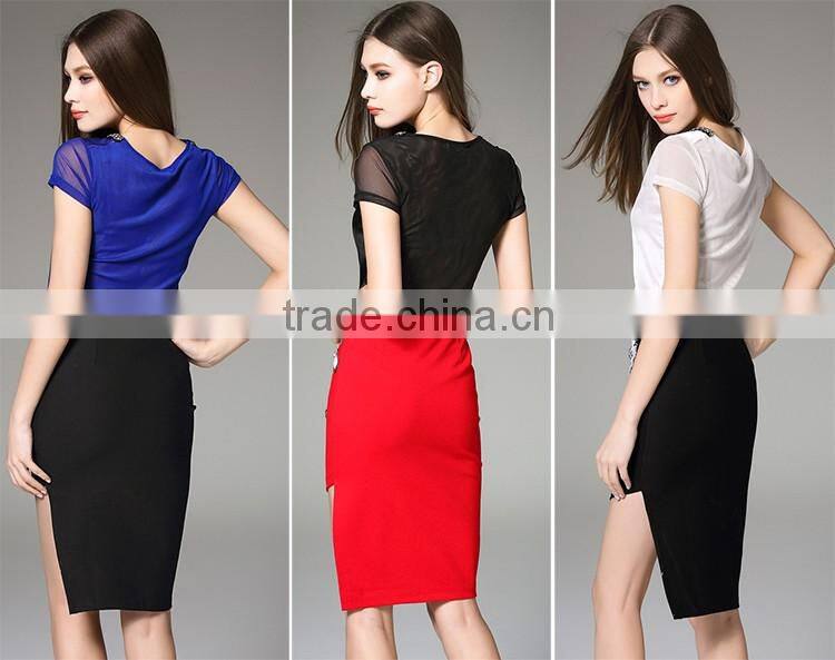 Ladies Crystal Beaded Necklace Design V Neck Tops Elegant Short Sleeve Slim Satin Mesh Patchwork Women Blouses 2016 Summer