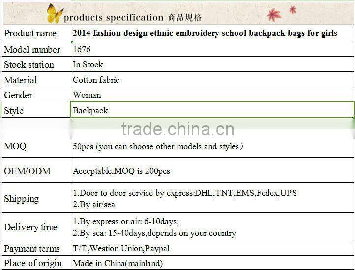 China women backpack fashion design ethnic embroidery school backpack bags for girls