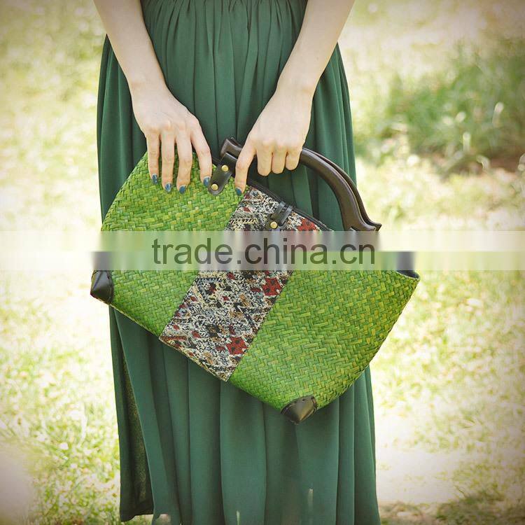 Hot selling cheap thailand straw bag green handmade beach bag