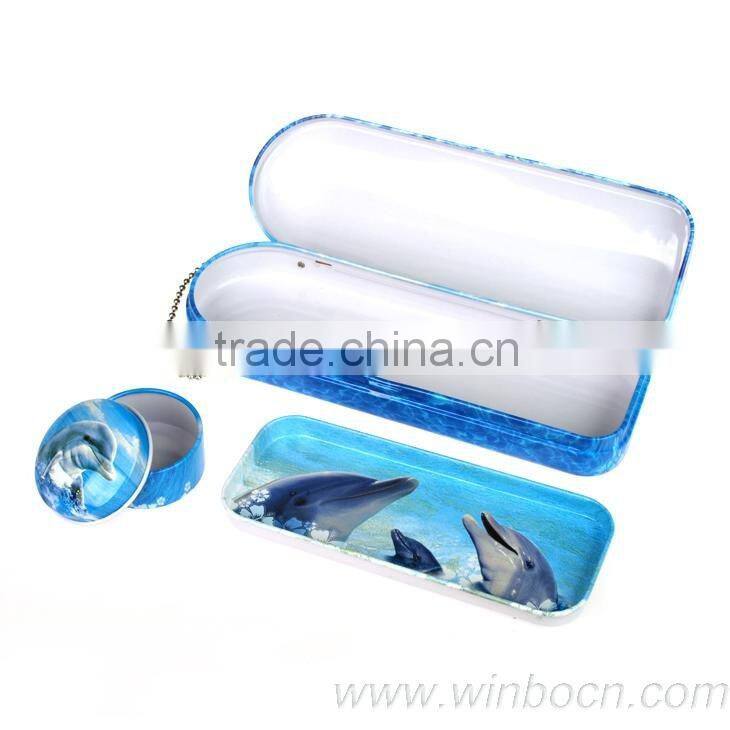 Two layers tin students pencil case with pencil sharpener inside
