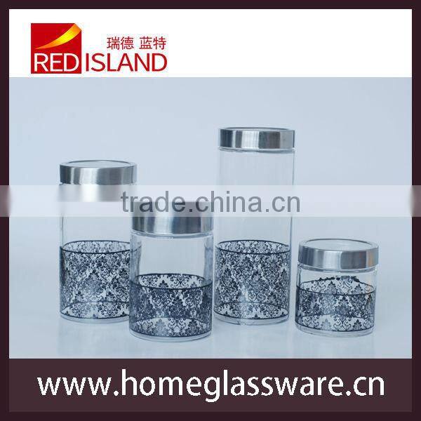 colored printings round glass jar with metal lid