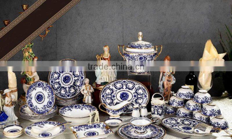 Blue and white flower pattern ceramic bone china dinnerware set