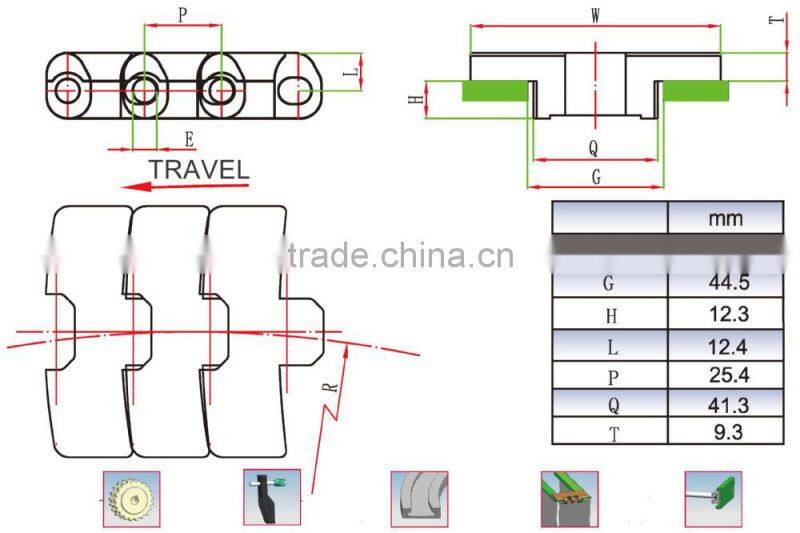 82.6-R150 Plastic multiflex small radius side flexing flat top chain