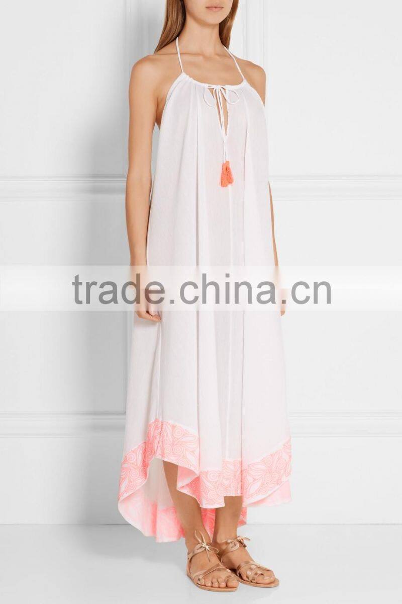 Holiday Sexy Cotton-Crepon Maxi Dress Backless Long Beach Dresses With Colorful Pink Embroidery Tasseled Ties 2016 HSD5840