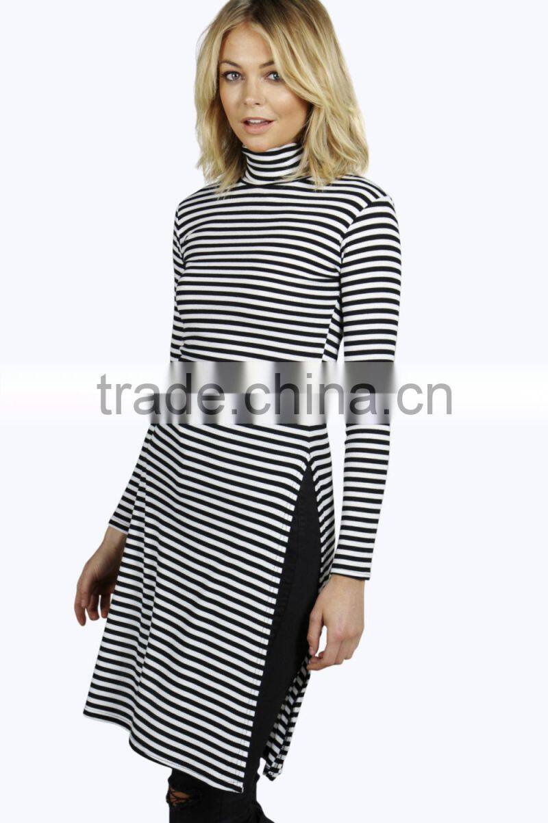 Customized jersey striped dress shirt/high neck long sleeve printing dress/slim fit split side dress