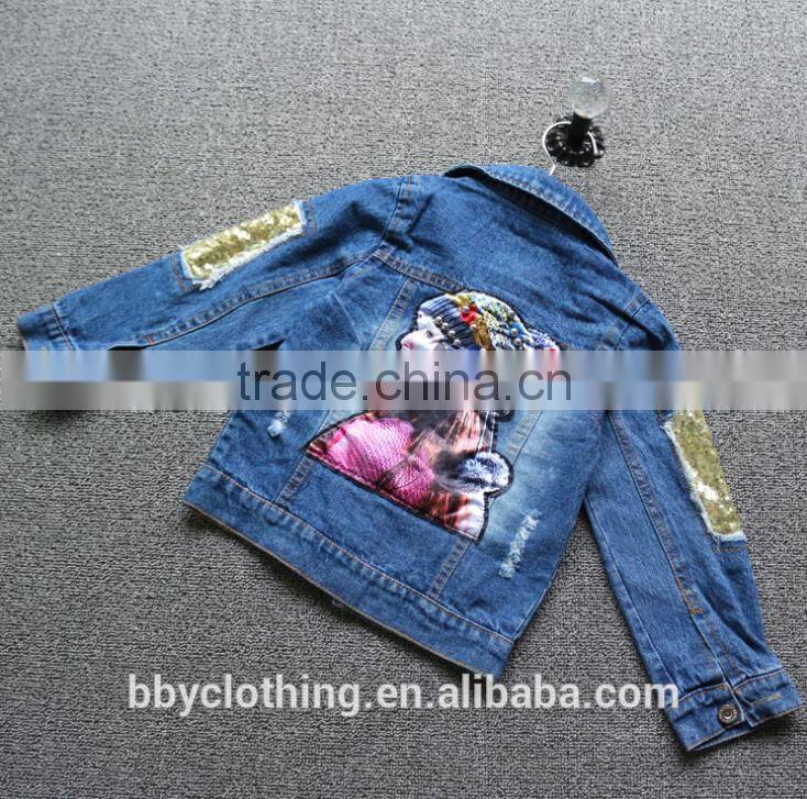2016 new design fashion girls denim jacket with gold sequins sleeve