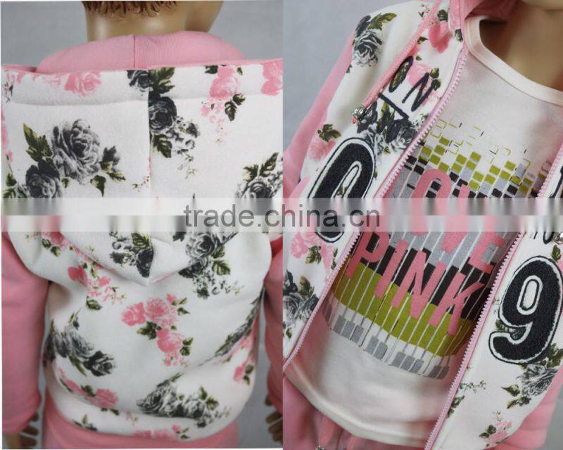 2016 Girls Clothing Set Flower Print Children's Hoodies Jackets+Long Sleeve Inner Shirt+Trousers Three-Piece Suits Kids
