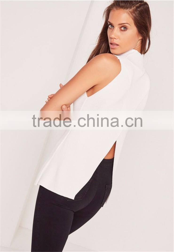 Plain White High Collar Sleeveless Knitwear With Split Back Women Wrap Back Tunic Top White