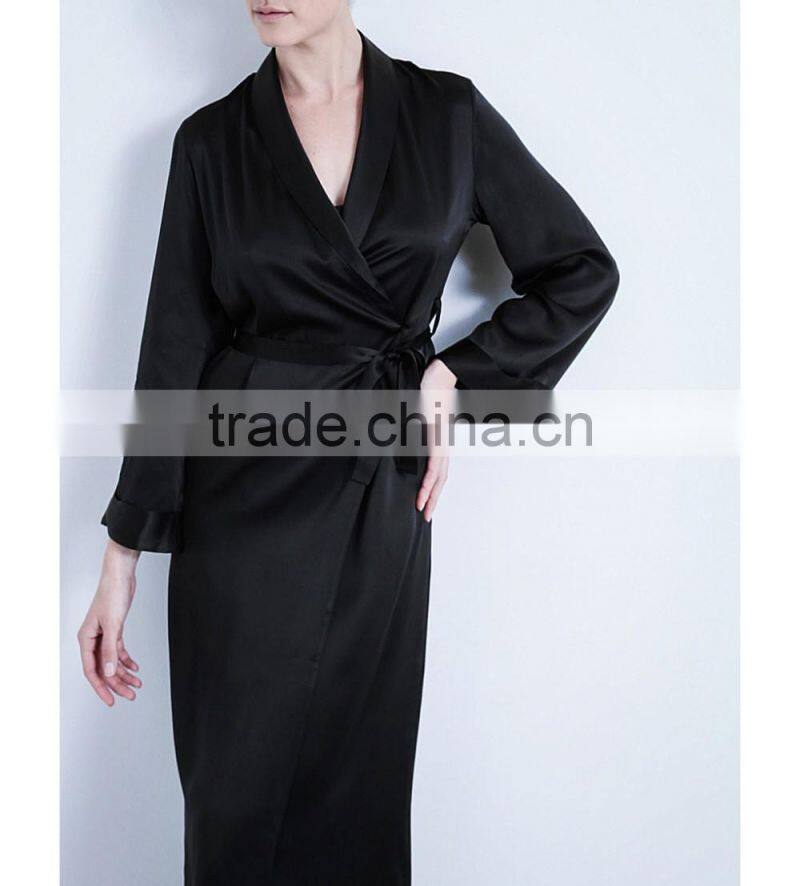Customize ladies luxury silk full length robe, long sleeve dressing gown, black lapels long length dressing robe