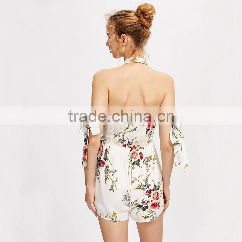 Polyester white ladies jumpsuit, floral print contrast lace playsuit