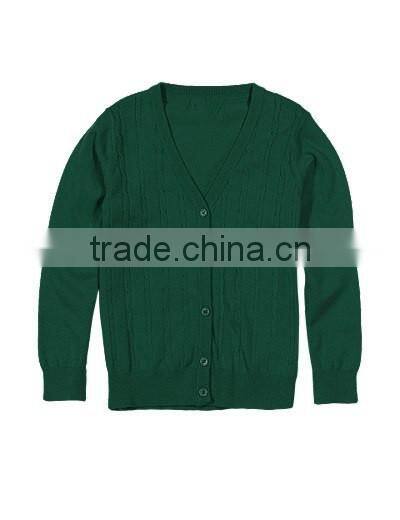 Latest! High Quality Bright Blue Button Through V-Neck Girls Long Sweater with Ribbed Trim