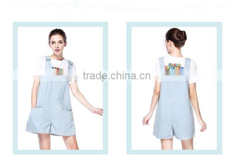 Women's summer casual light blue denim jeans hot shorts/short suspender bib overalls