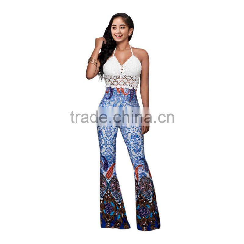 halter white blue bell bottomed pants and top set /19 color xayn printed wide legging flare trousers and top two piece set