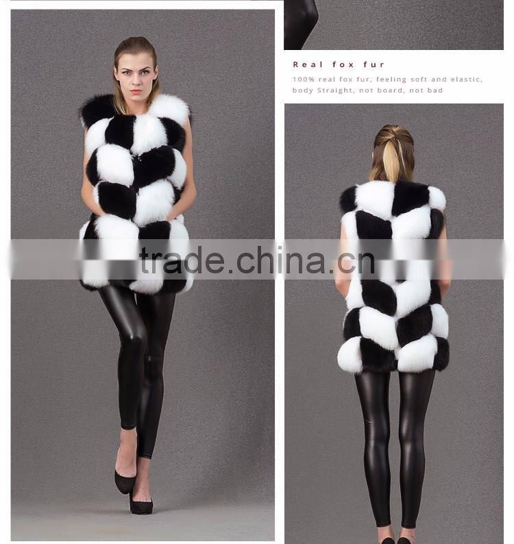 Beautiful black white color fur hand sewing long fur vest women real fox fur gillets