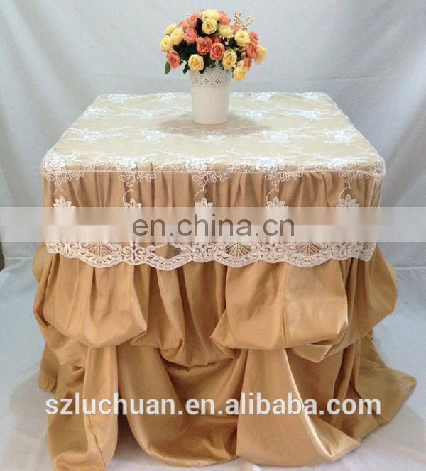 Champagne Satin and Lace Banquet Gathered Table Skirts