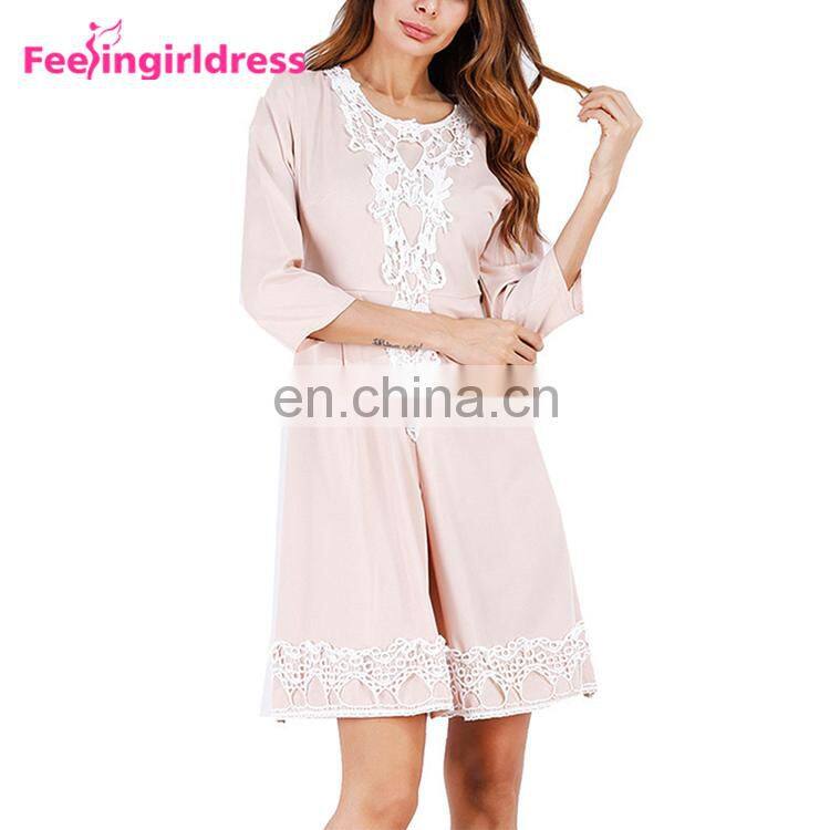 Latest Design Pink Long Sleeve Knee Length One Piece Dresses For Fat Girls