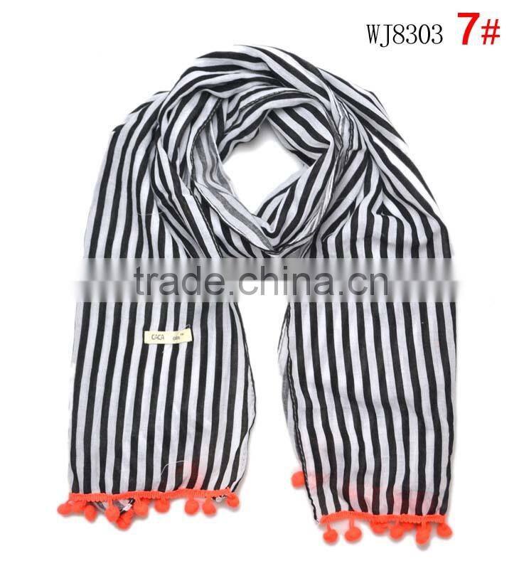 New Arrival Striped Lace Pom Pom Brim Boys Girls Baby Kids Winter Scarf