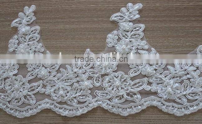 Embroidery ribbon and beaded corded bridal mesh lace