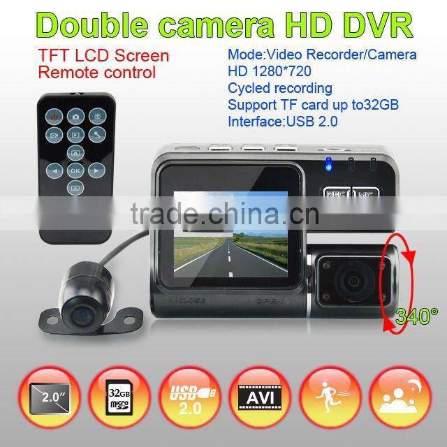 2.0 inch HD TFT 120 Degree Wide angle + G-sensor + dual camera video registrator