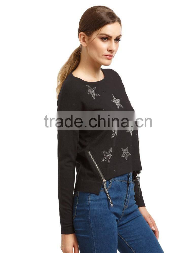 Hot sell zipper star rhinestone fashion style women sweater