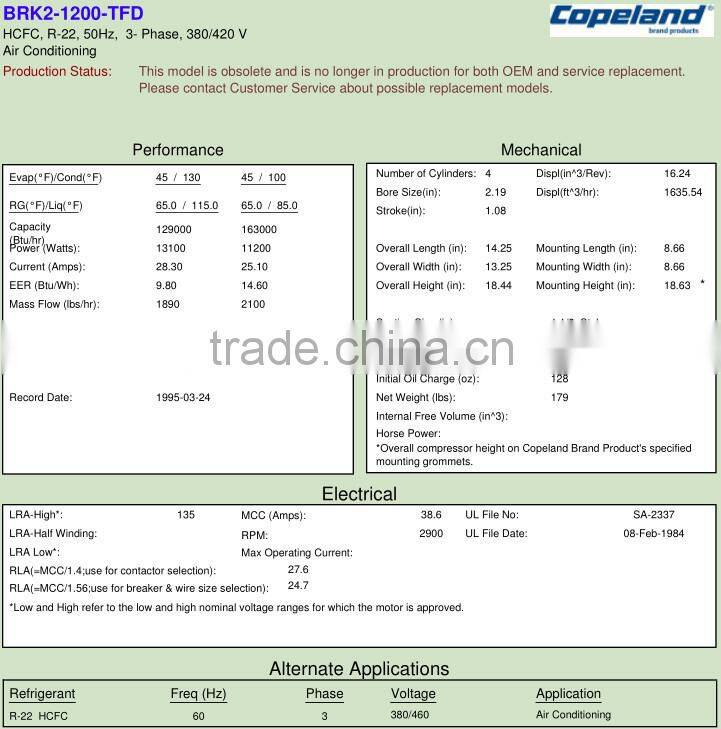 Hermetic refrigeration Copeland compressor BRK2-1200-TFD