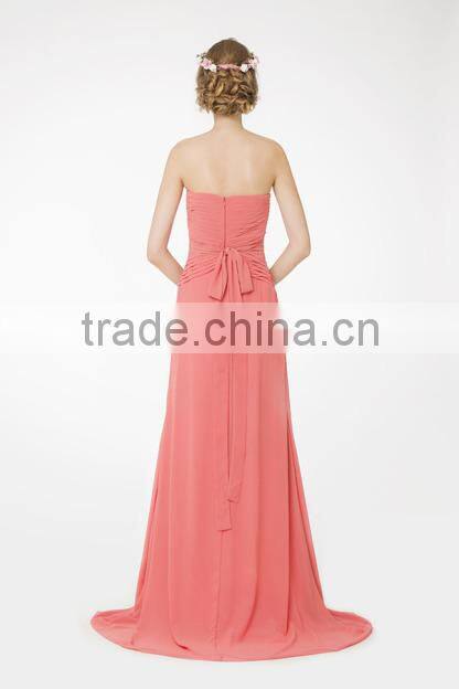 New Elegant Strapless V-Draped Natural Waist Bridesmaid Gown Long Peach Chiffon Bridesmaid Dress Patterns 2015(RHM-2103)