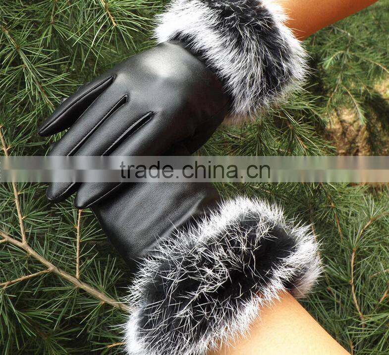 Korea Style Full Finger PU Material Winter Keep Warm and Velvet Cycle Gloves for Woman