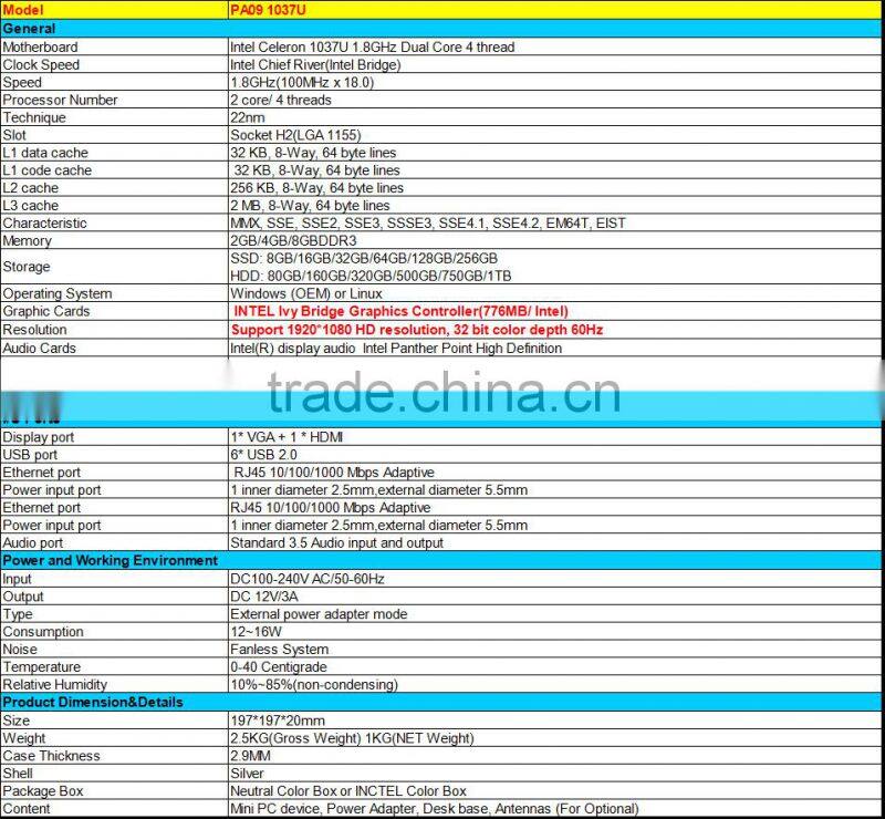 Intel Celeron Dual Core C1037U 1.8Ghz good quality tablet computer without fan mini pc 12v 4G RAM 32G SSD