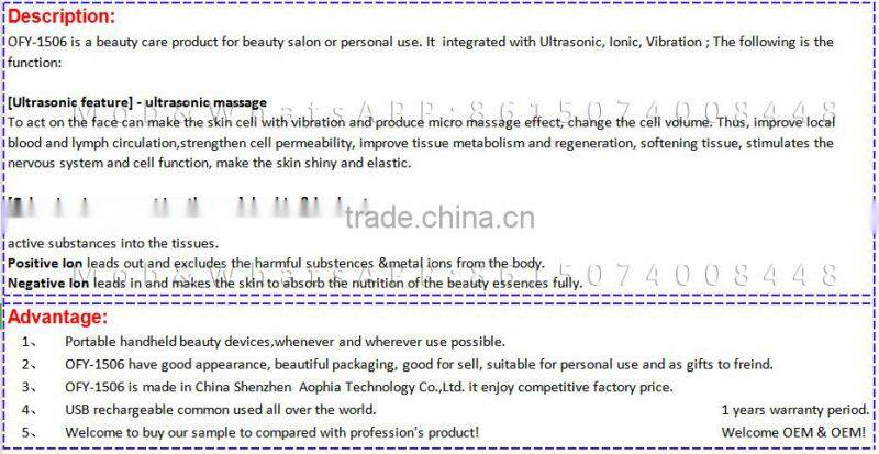 OEM Ultrasonic Ionic vibration facial beauty devices Leading-in Massager for face use